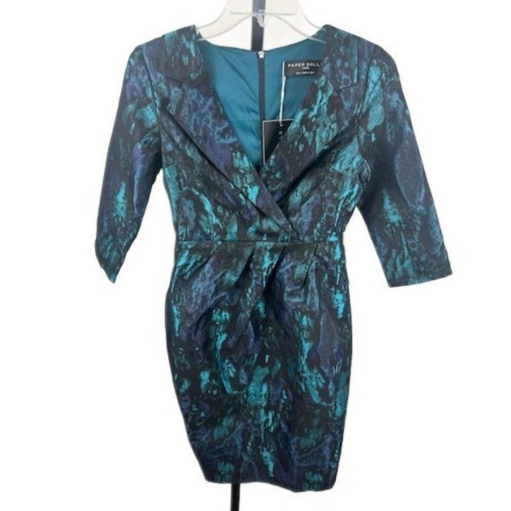 New Modern Chic Paper Dolls London‎ Abstract Blue Green Brocade Dress Size 4
